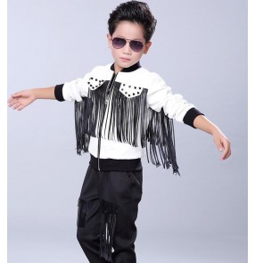 Black and white patchwork fringes leather fashion boys kids children stage performance hip hop jazz singer ds dance outfits jacket coats